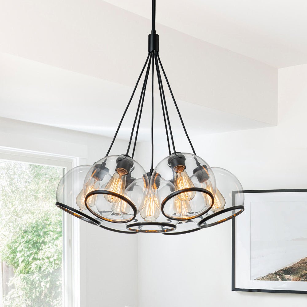 Black 7-Light Cluster Clear Glass Globe Chandelier