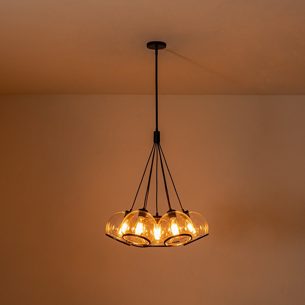Black 7-Light Cluster Clear Glass Globe Chandelier