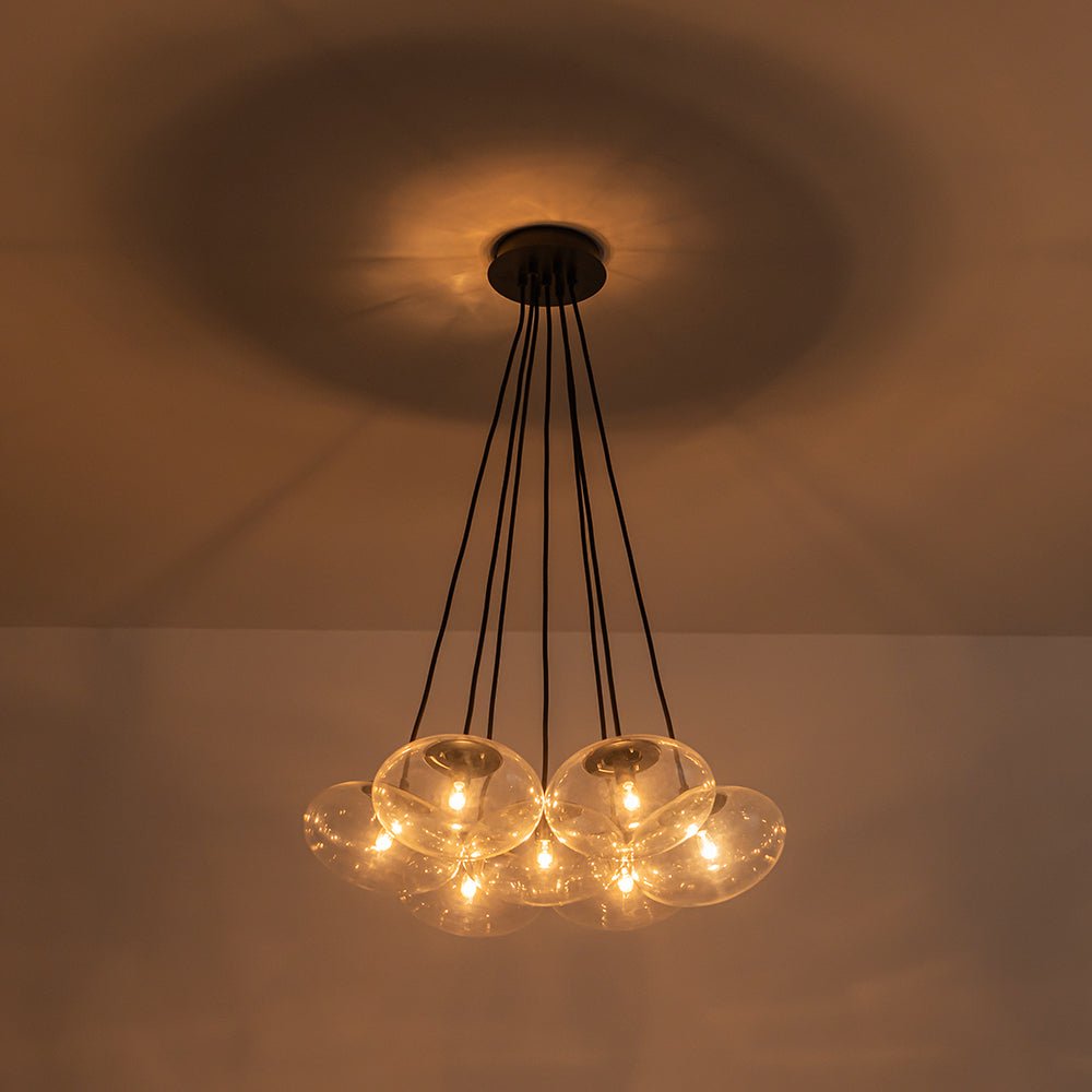 Black 7-Light Cluster Clear Glass Oval Globe Chandelier