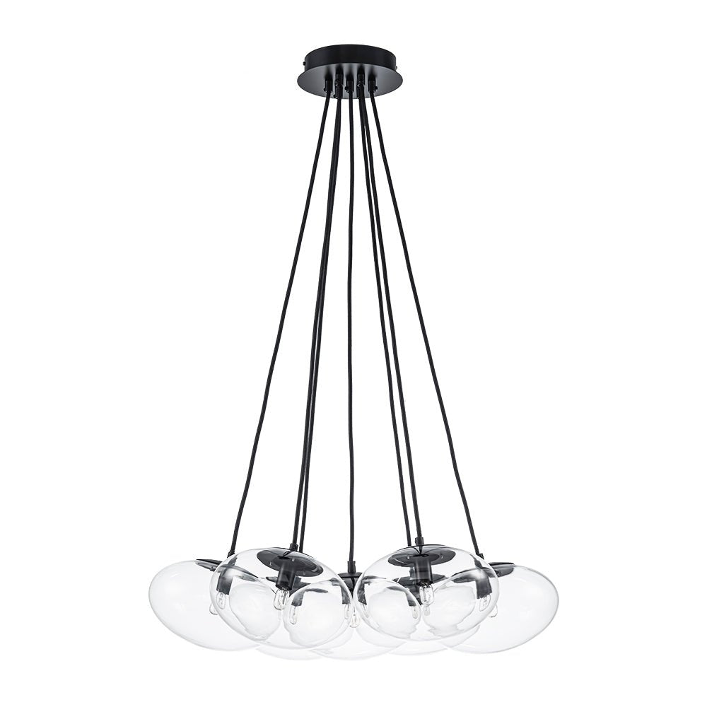 Black 7-Light Cluster Clear Glass Oval Globe Chandelier