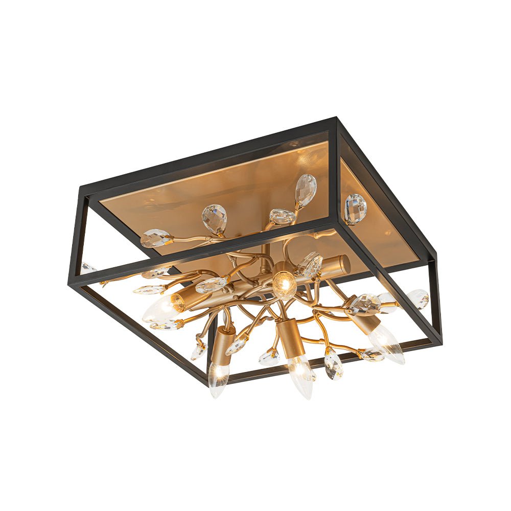 Black Brass Crystal Branch Square Lantern Flush Mount Light