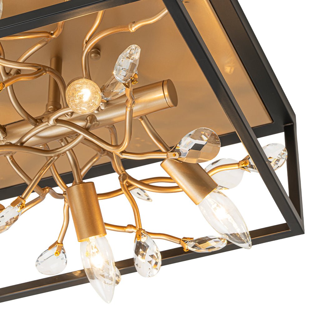 Black Brass Crystal Branch Square Lantern Flush Mount Light