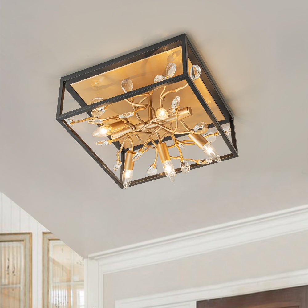Black Brass Crystal Branch Square Lantern Flush Mount Light