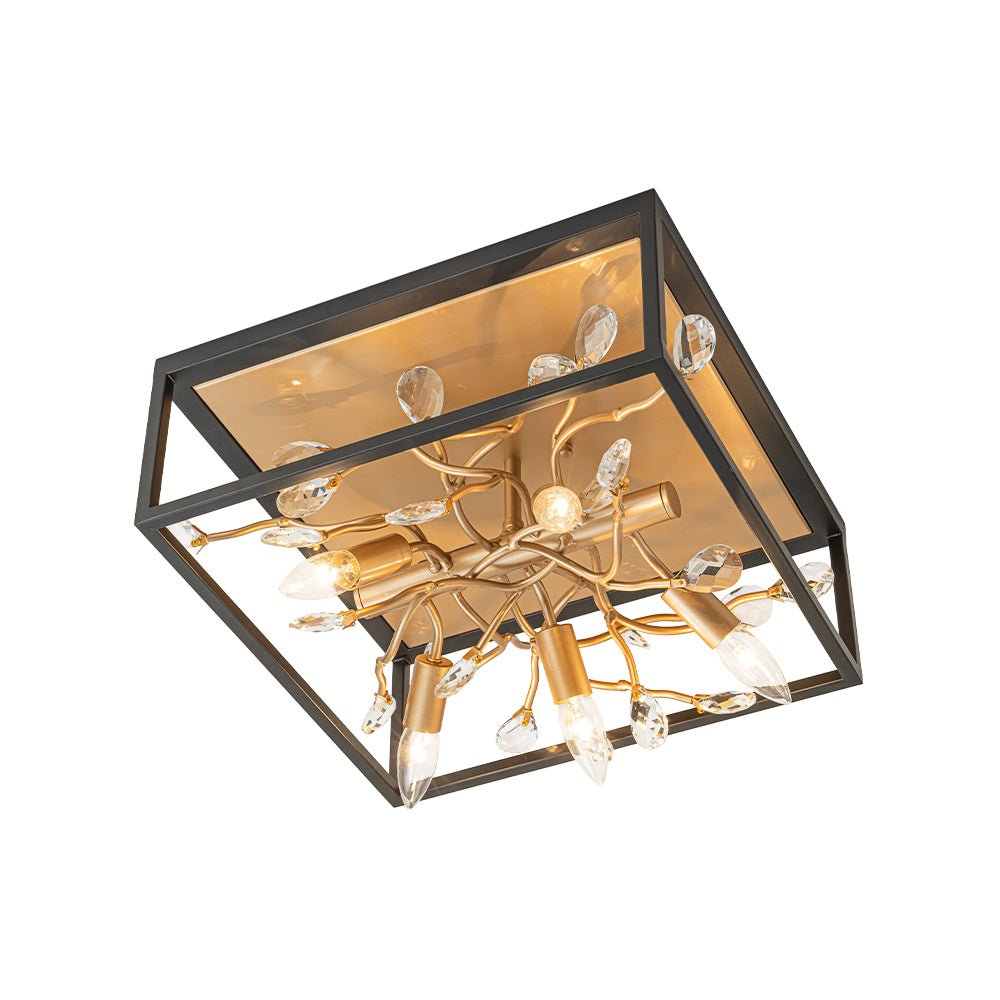 Black Brass Crystal Branch Square Lantern Flush Mount Light