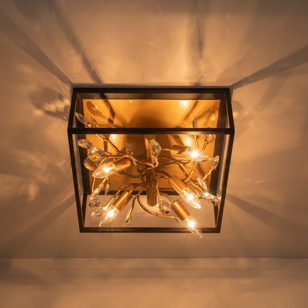 Black Brass Crystal Branch Square Lantern Flush Mount Light