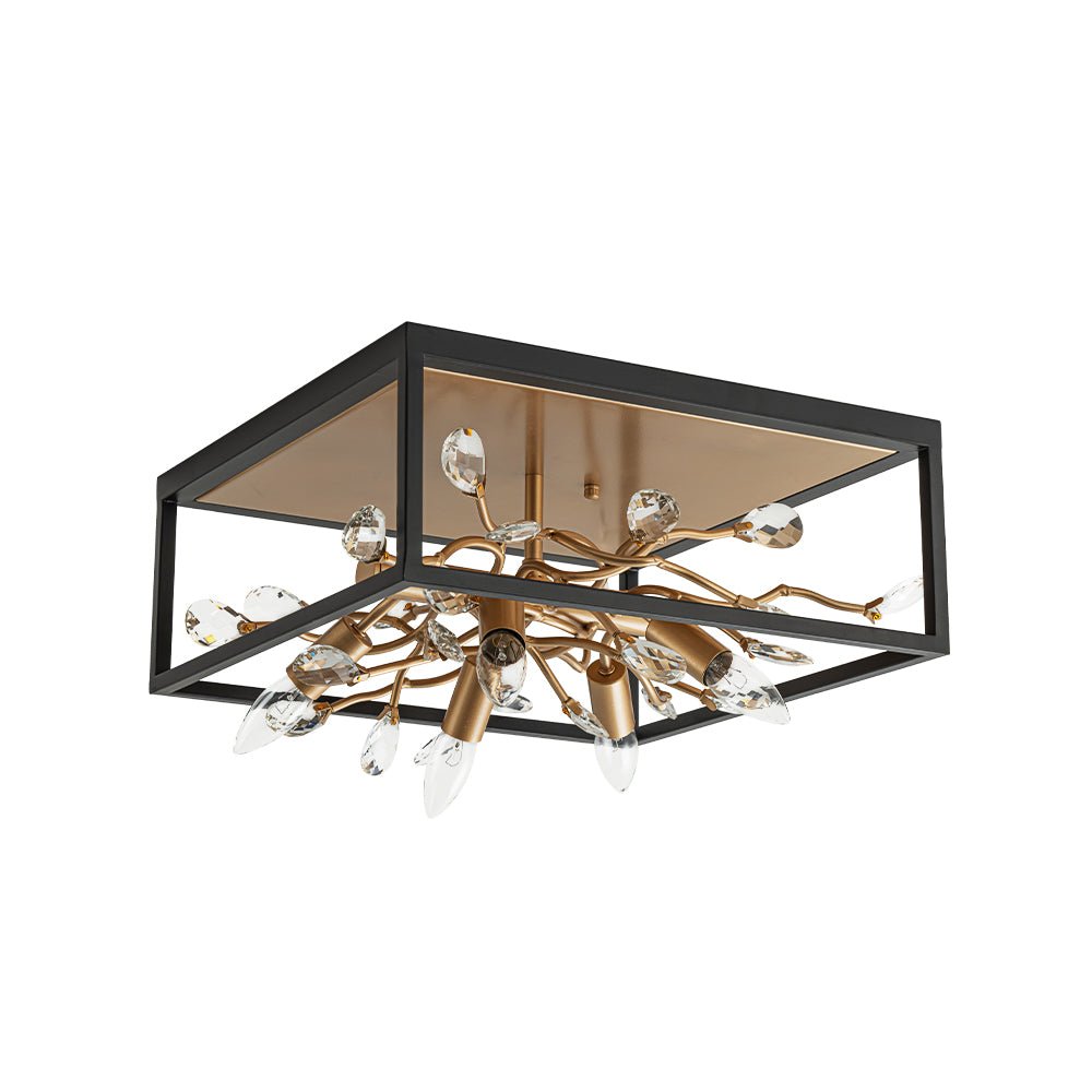 Black Brass Crystal Branch Square Lantern Flush Mount Light