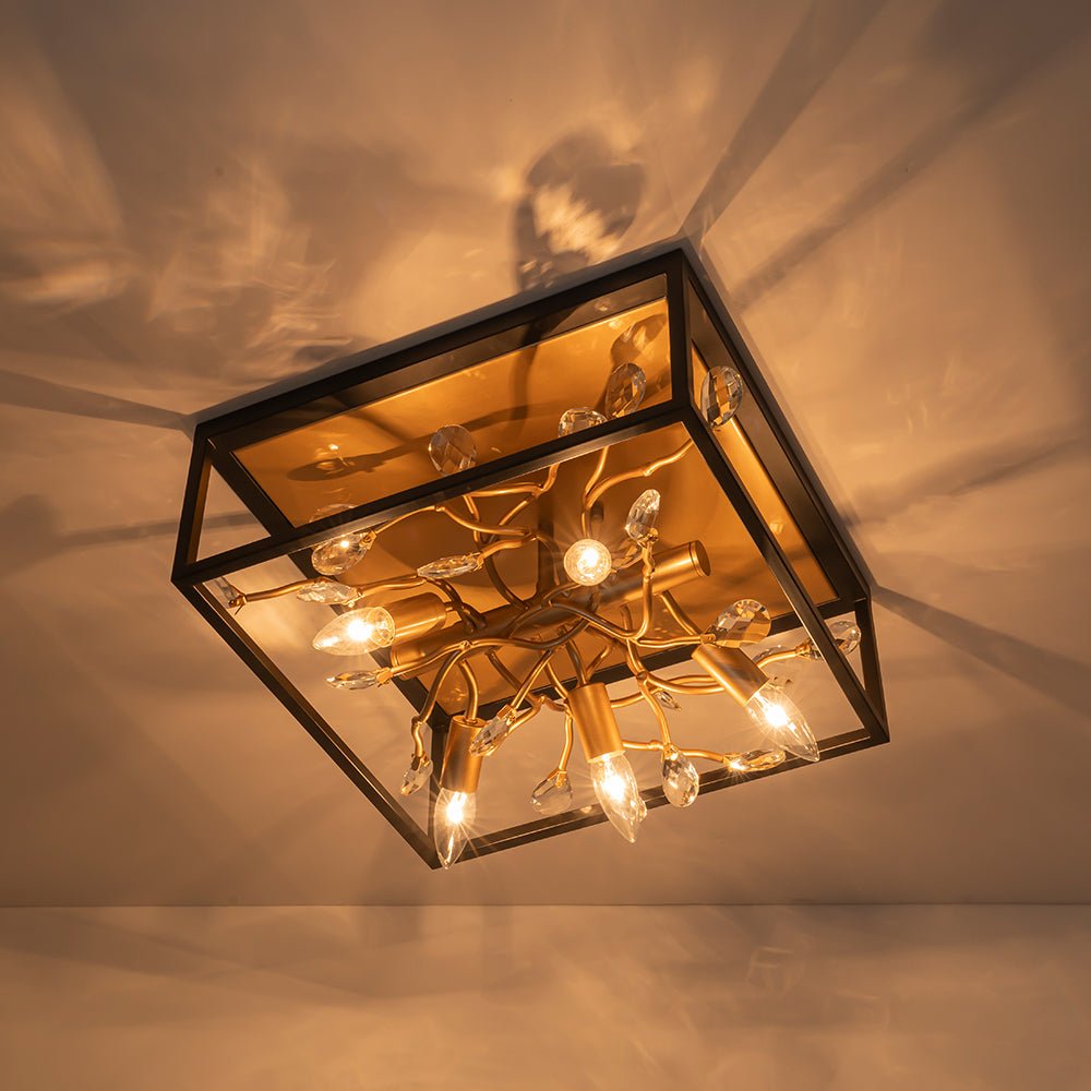 Black Brass Crystal Branch Square Lantern Flush Mount Light