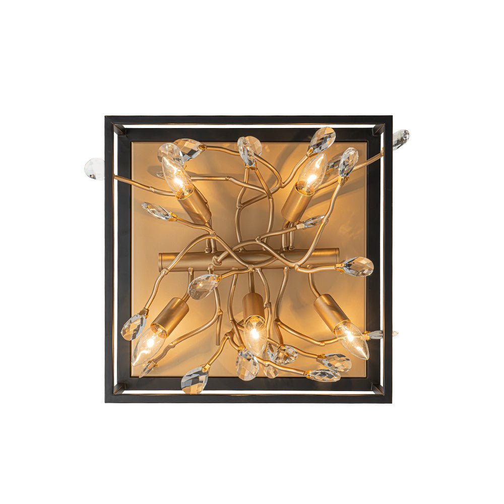 Black Brass Crystal Branch Square Lantern Flush Mount Light