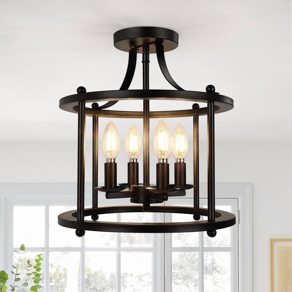 Black Round Lantern Semi Flush Mount Lighting