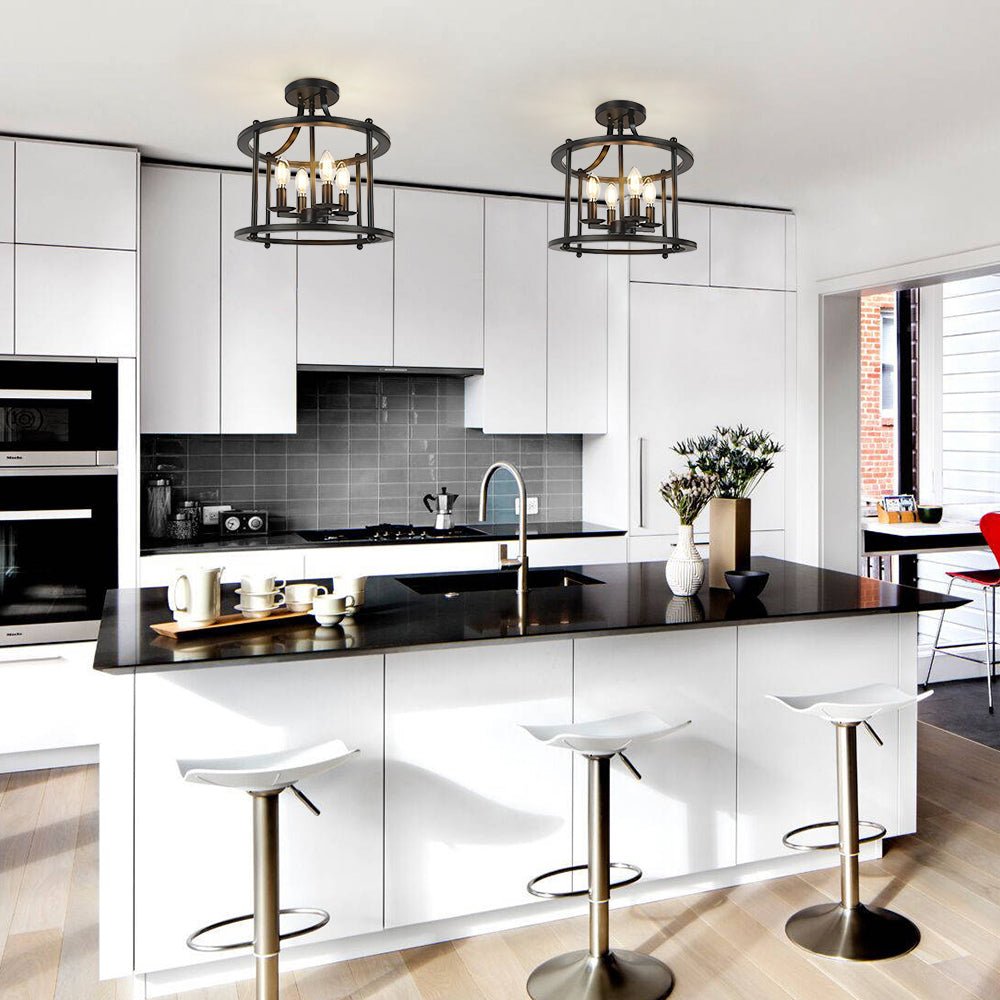 Black Round Lantern Semi Flush Mount Lighting