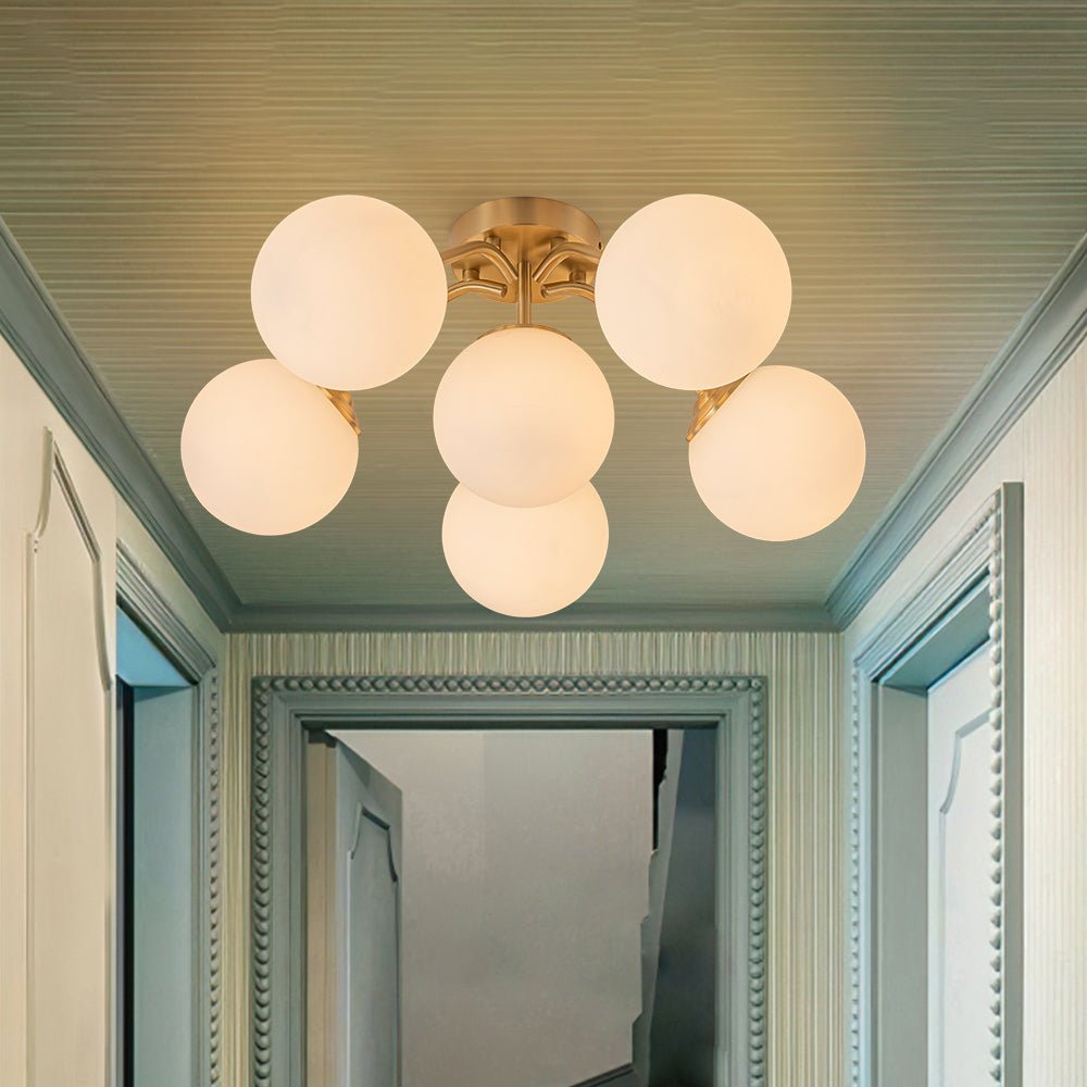 Bloom Brass Frosted Glass Bubble Semi Flush Chandelier