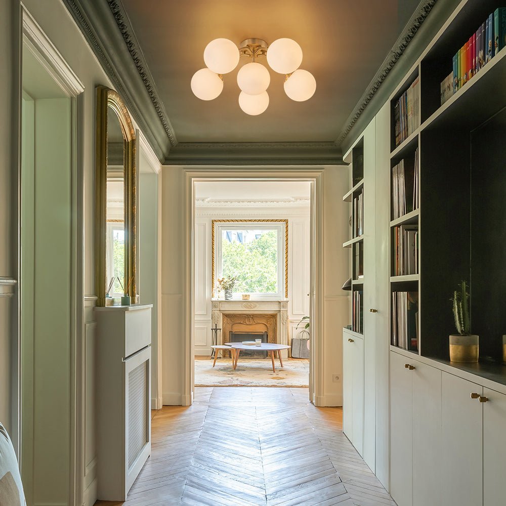 Bloom Brass Frosted Glass Bubble Semi Flush Chandelier