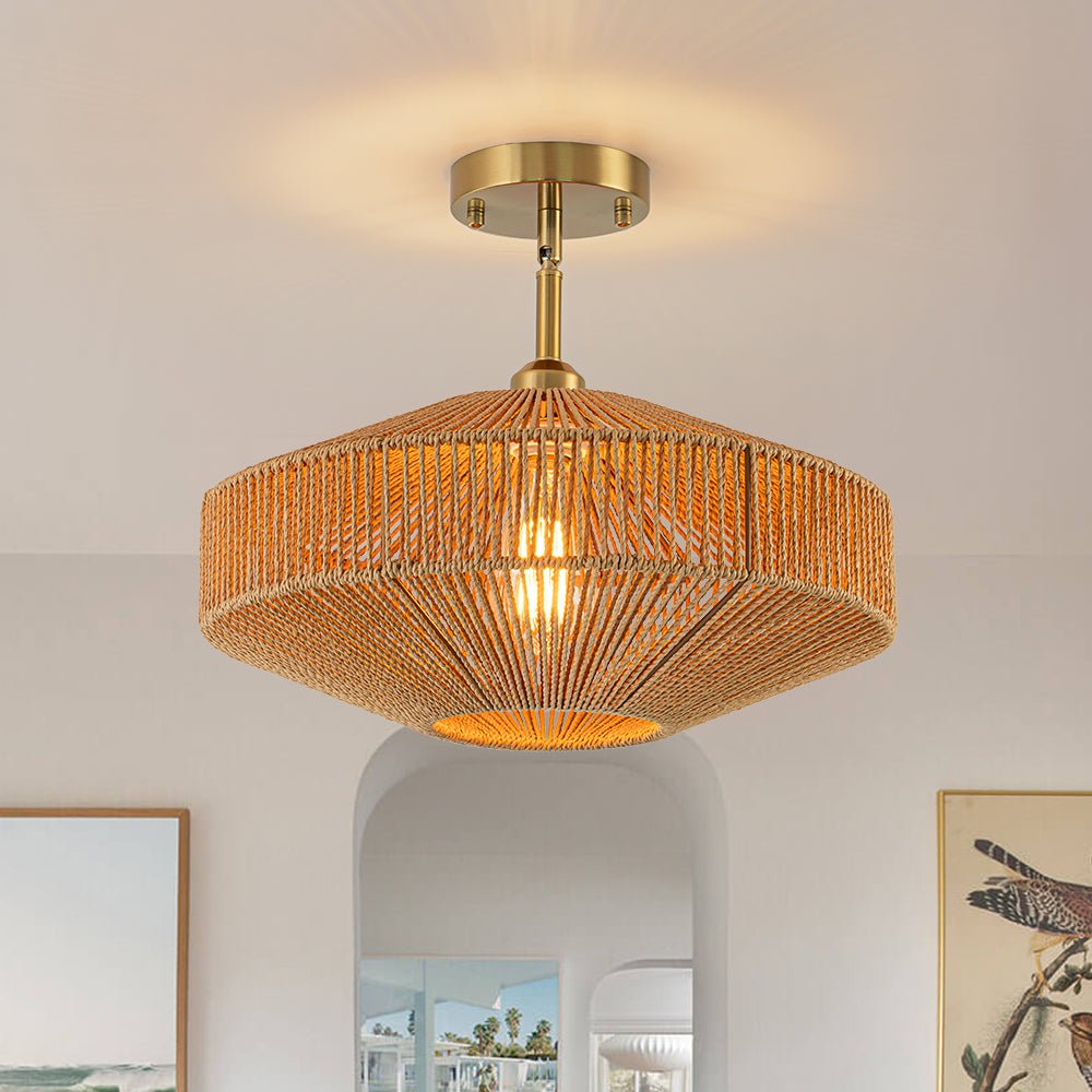 Bohemian Brown Woven Hemp Rope Cage Ceiling Light