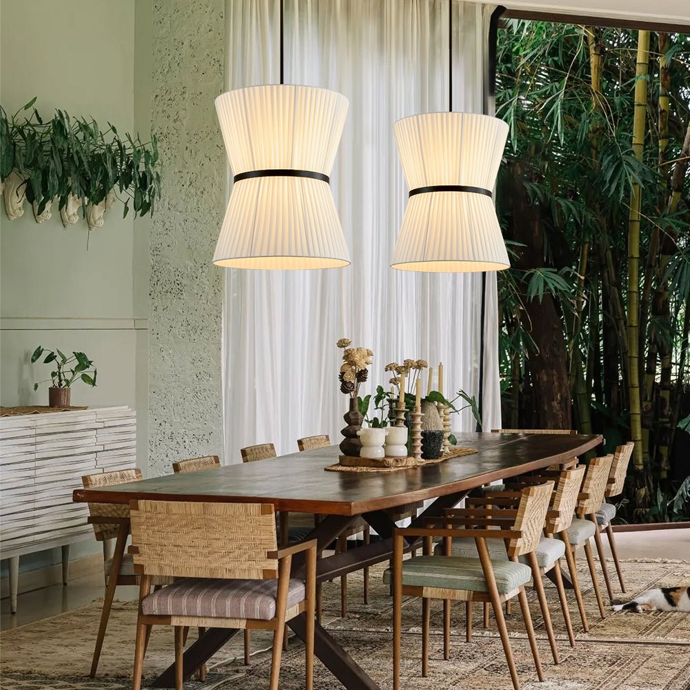Boho 2-Tier White Fabric Tapered Drum Pendant Light