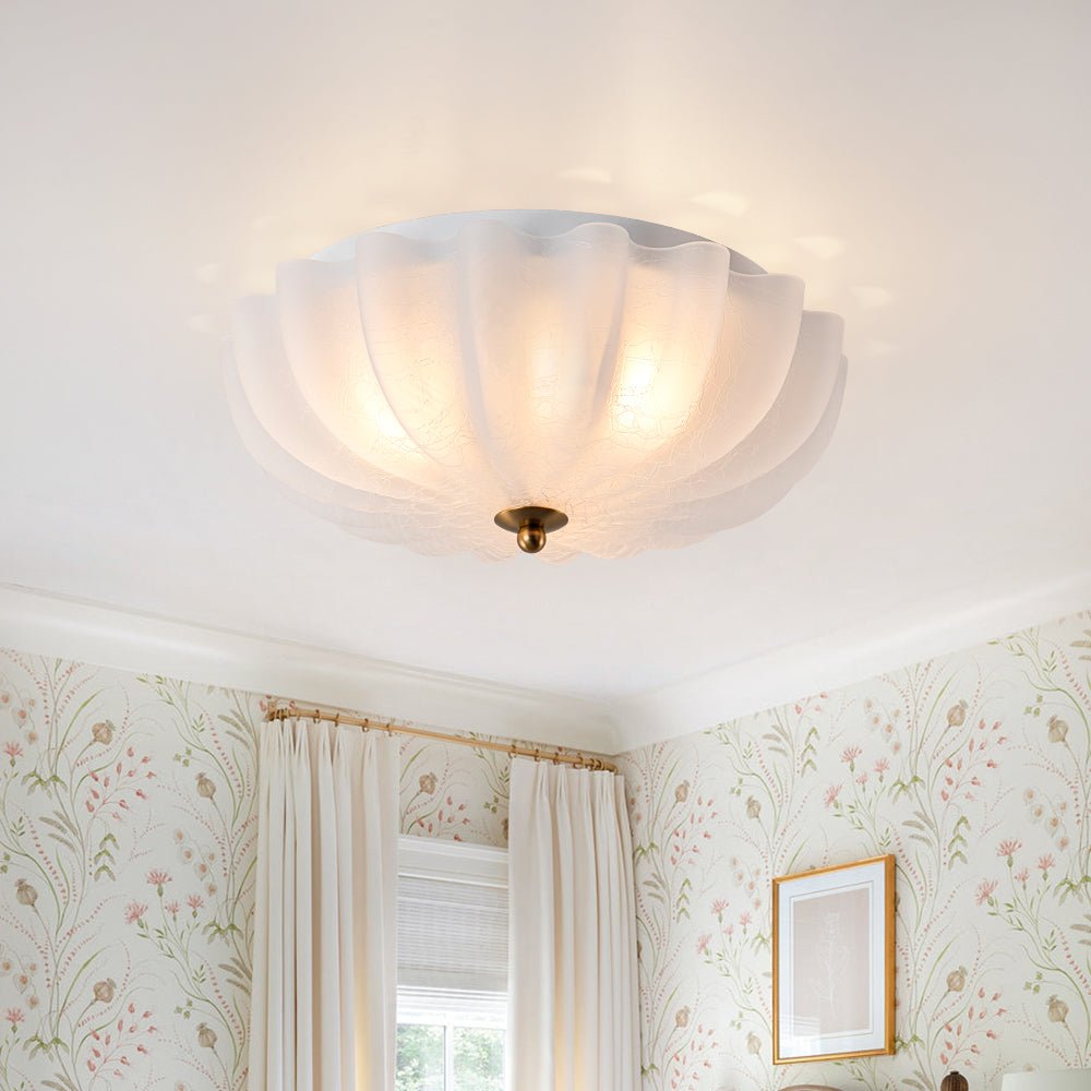 Boho Pleated Flower White Crackled Glass Semi Flush