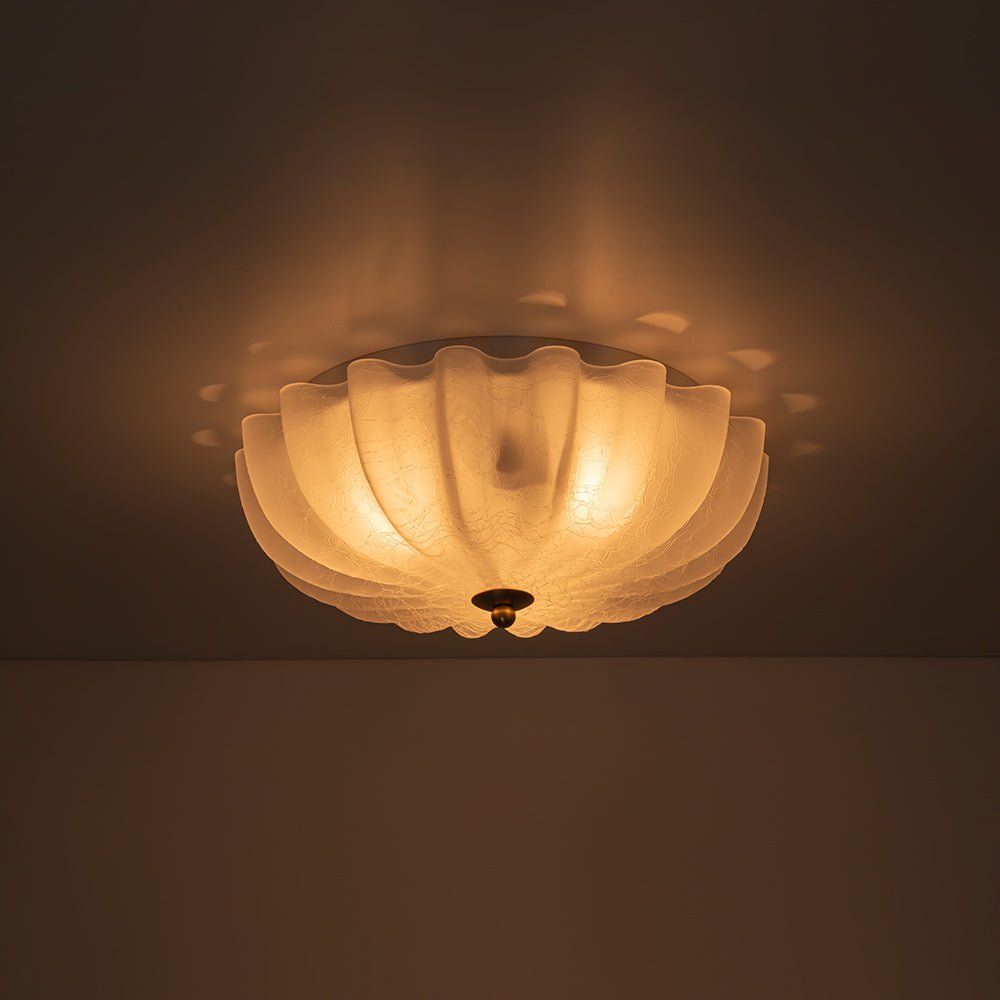 Boho Pleated Flower White Crackled Glass Semi Flush