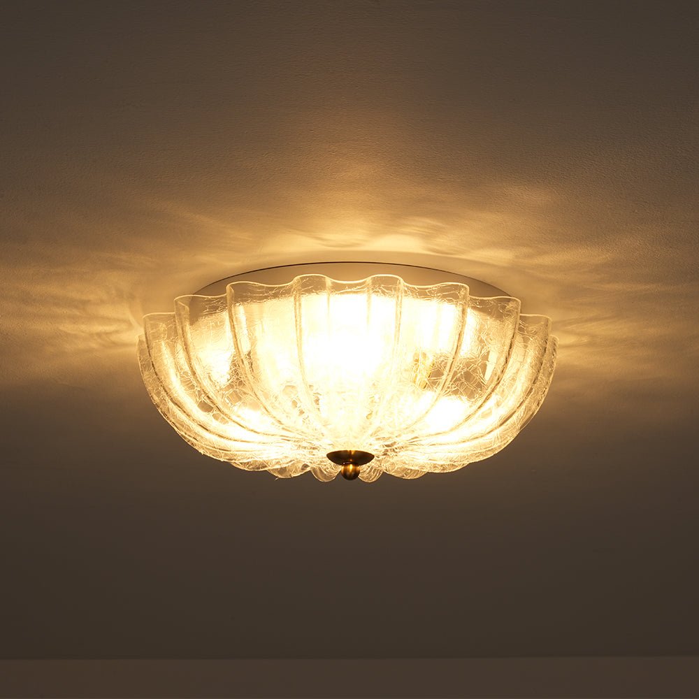 Boho Pleated Flower White Crackled Glass Semi Flush