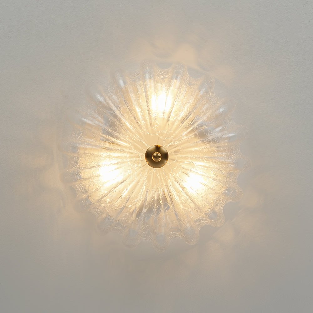 Boho Pleated Flower White Crackled Glass Semi Flush