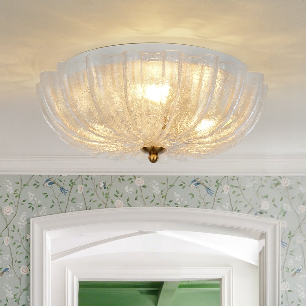 Boho Pleated Flower White Crackled Glass Semi Flush