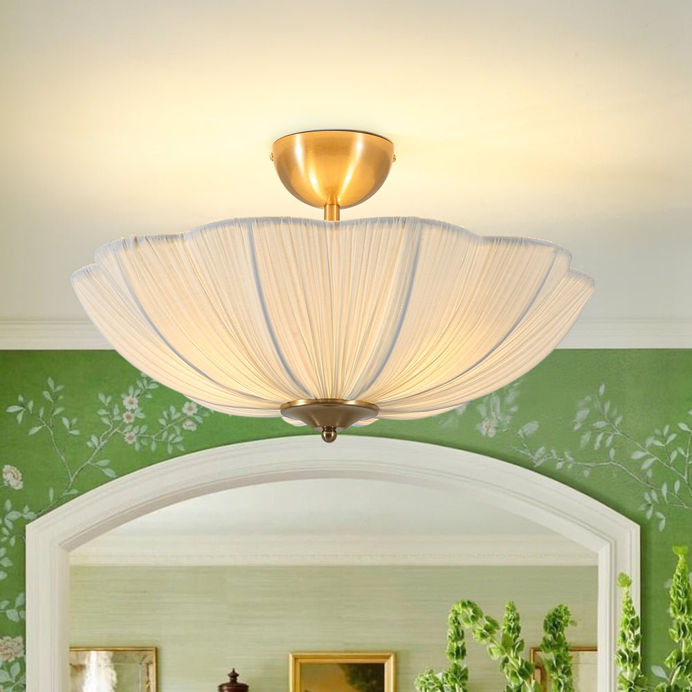 Boho Pleated Flower White Fabric Semi Flush Mount
