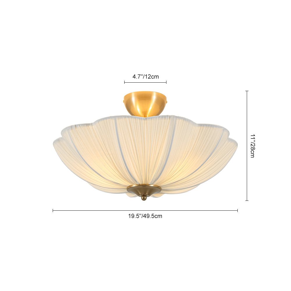Boho Pleated Flower White Fabric Semi Flush Mount