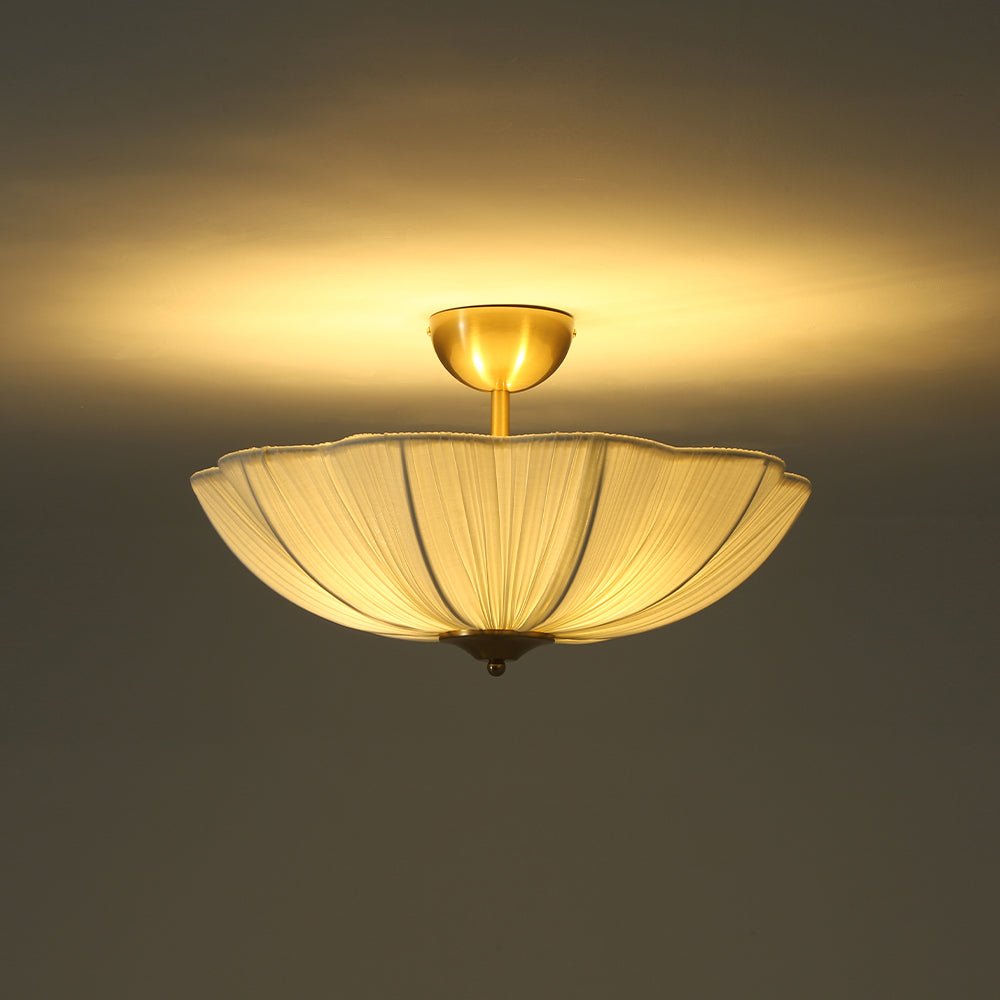 Boho Pleated Flower White Fabric Semi Flush Mount
