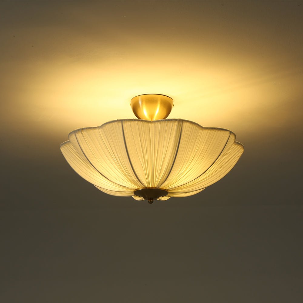 Boho Pleated Flower White Fabric Semi Flush Mount