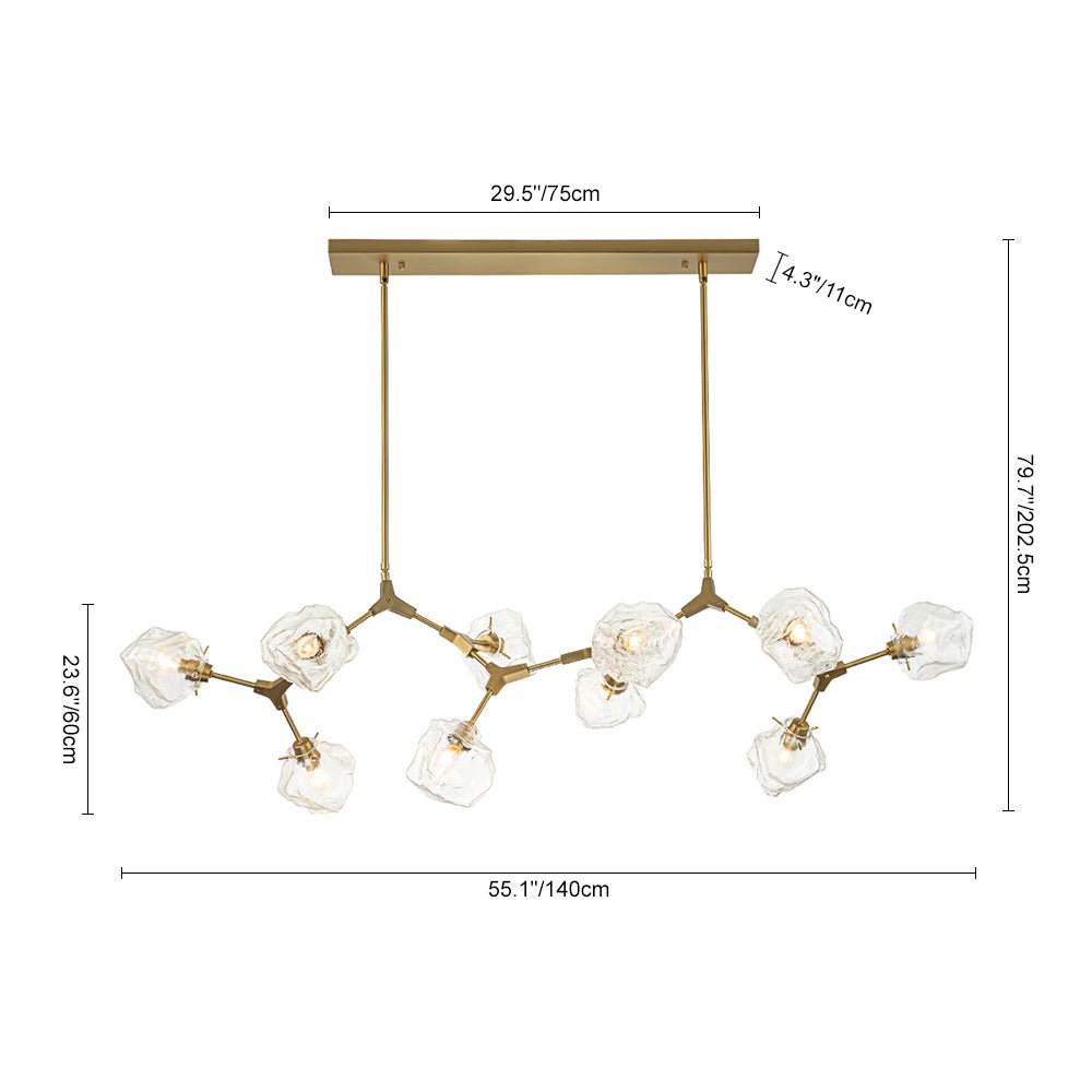 Brass 10-Light Branch Frozen Glass Ice Style Island Pendant