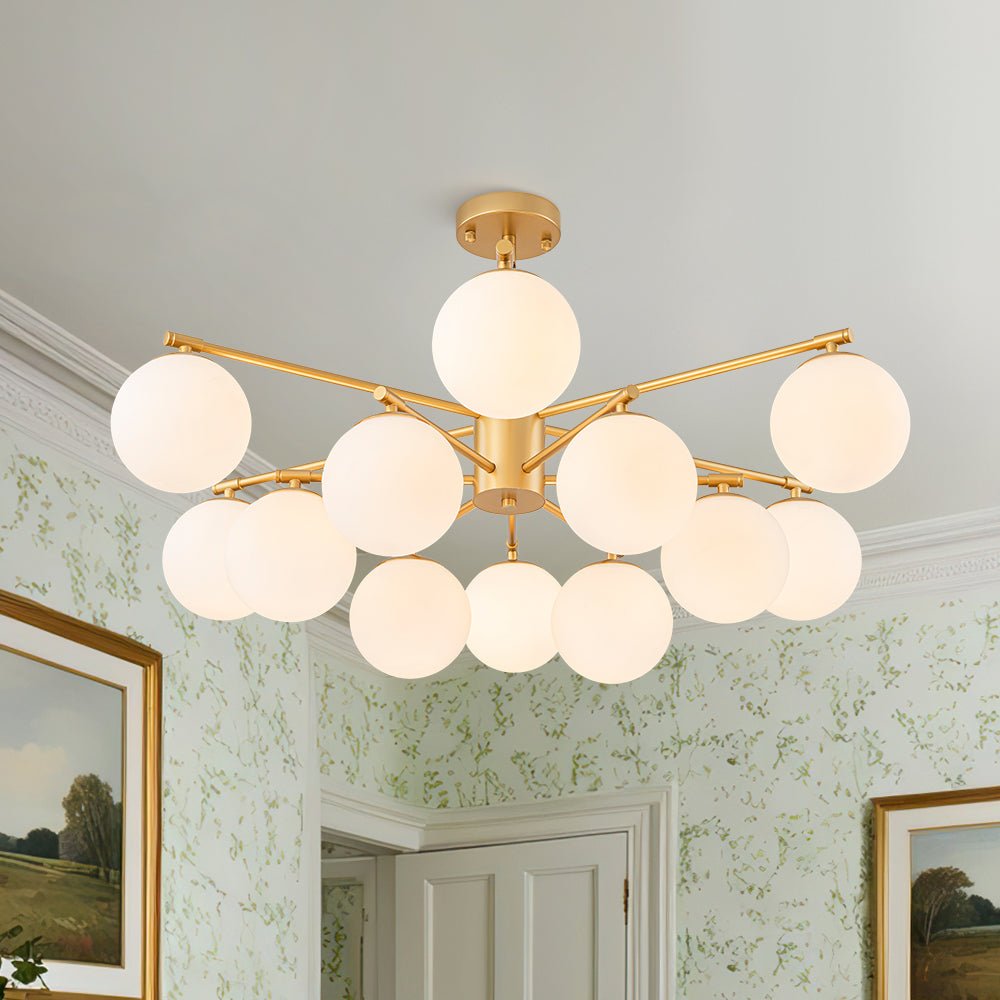 12-Light Brass Tiered Opal Glass Bubble Semi Flush Chandelier