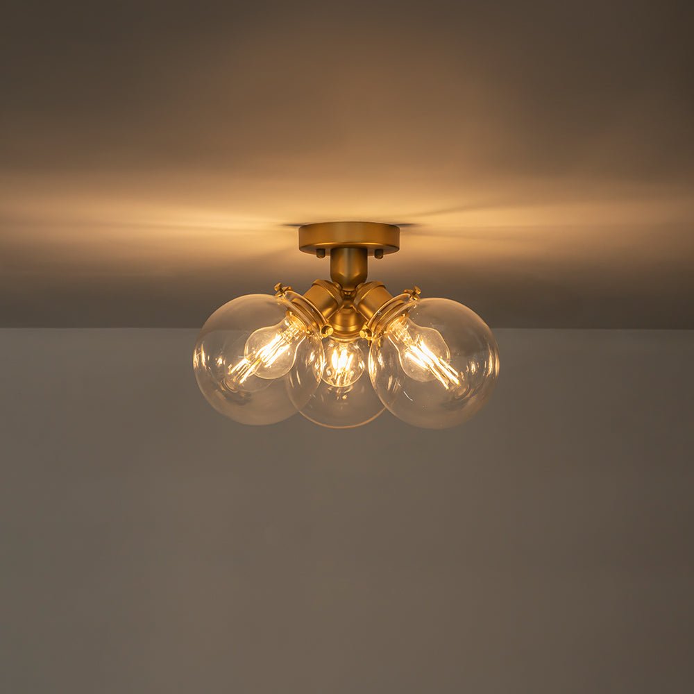 Brass 3-Light Clear Glass Glass Globe Ceiling Light
