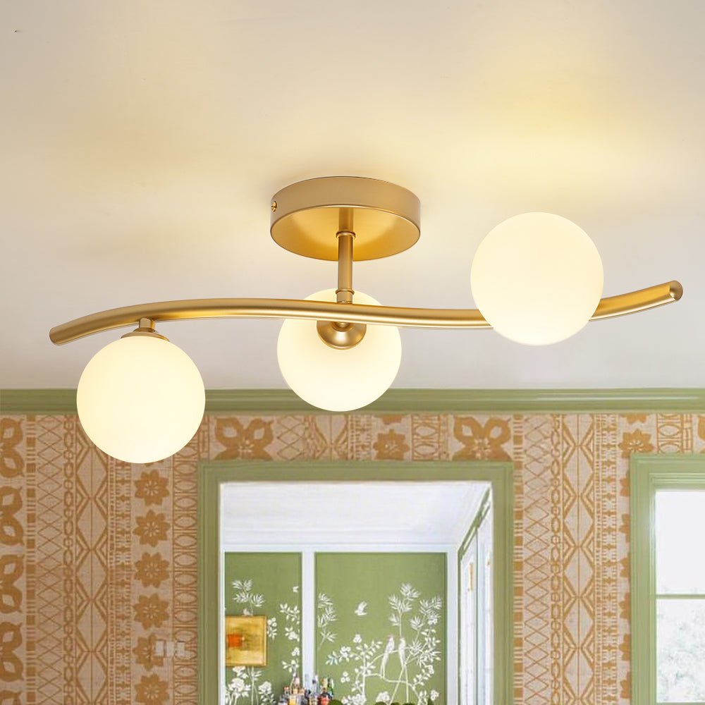 Brass 3-Light Frosted Glass Globe Semi Flush Wall Lamp