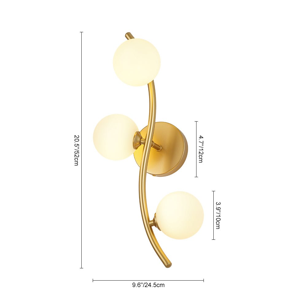 Brass 3-Light Frosted Glass Globe Semi Flush Wall Lamp