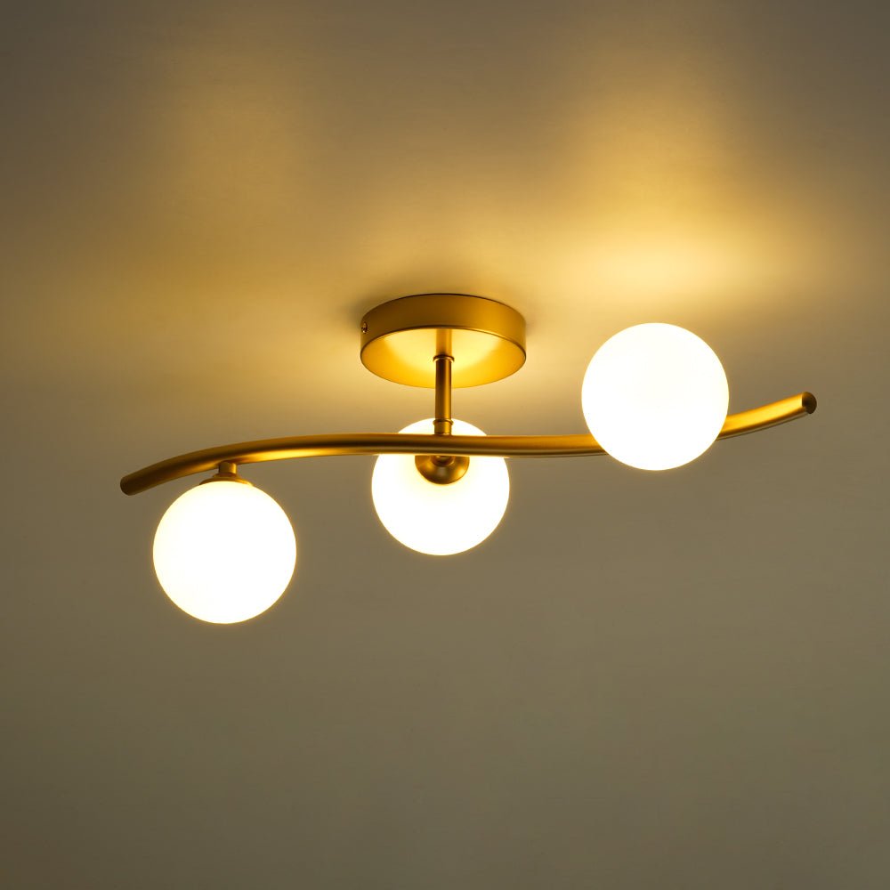 Brass 3-Light Frosted Glass Globe Semi Flush Wall Lamp