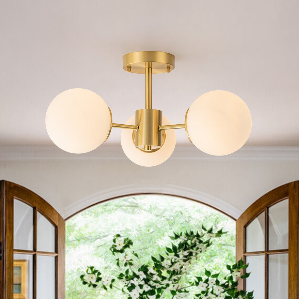 Brass 3-Light Opal Glass Globe Semi Flush Mount