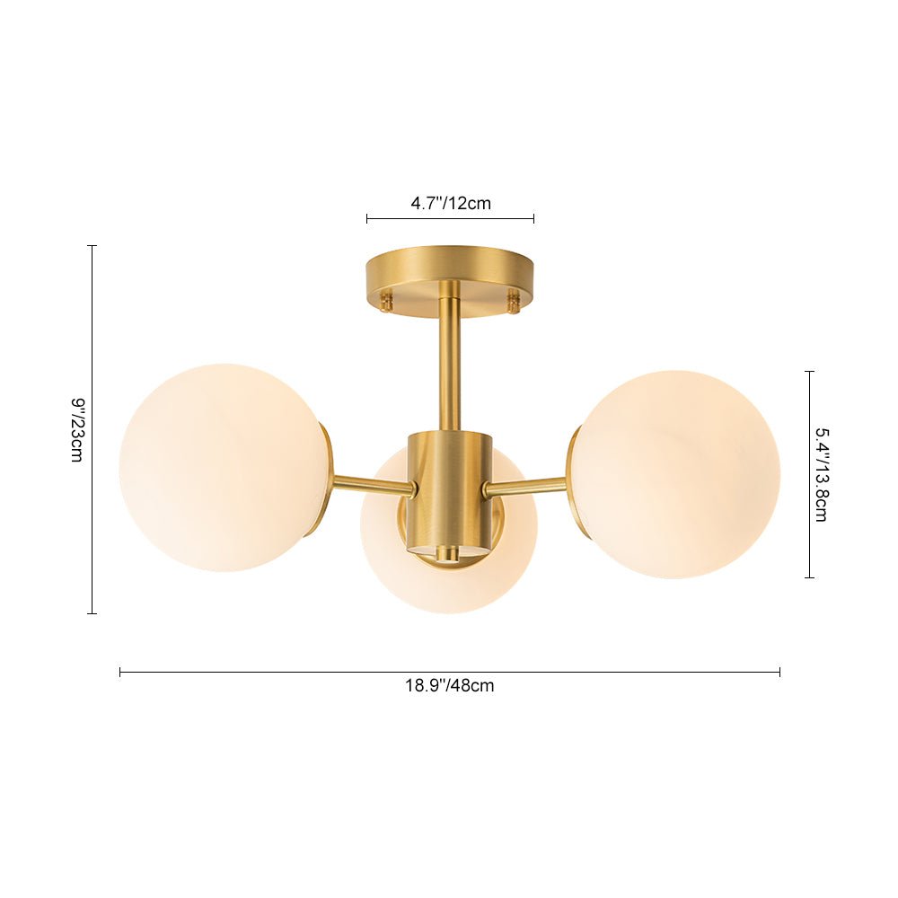 Brass 3-Light Opal Glass Globe Semi Flush Mount