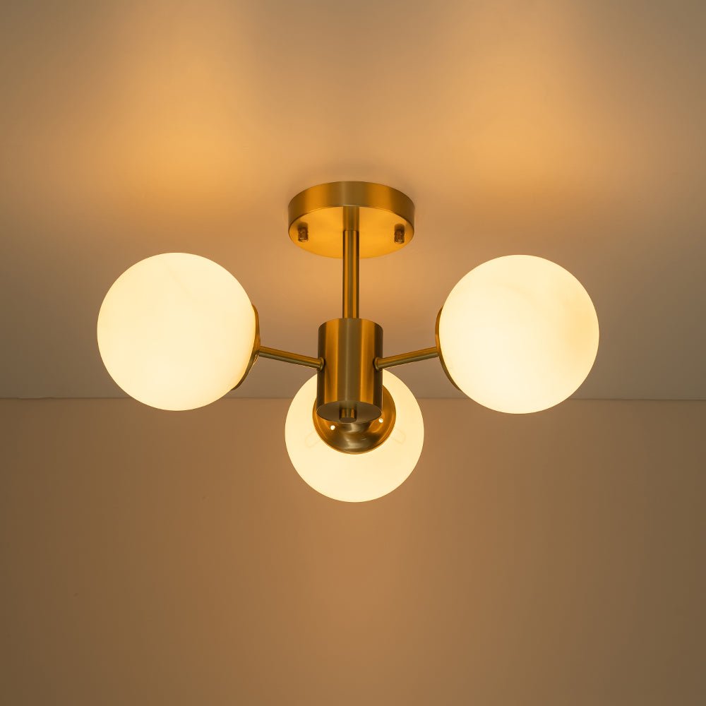 Brass 3-Light Opal Glass Globe Semi Flush Mount