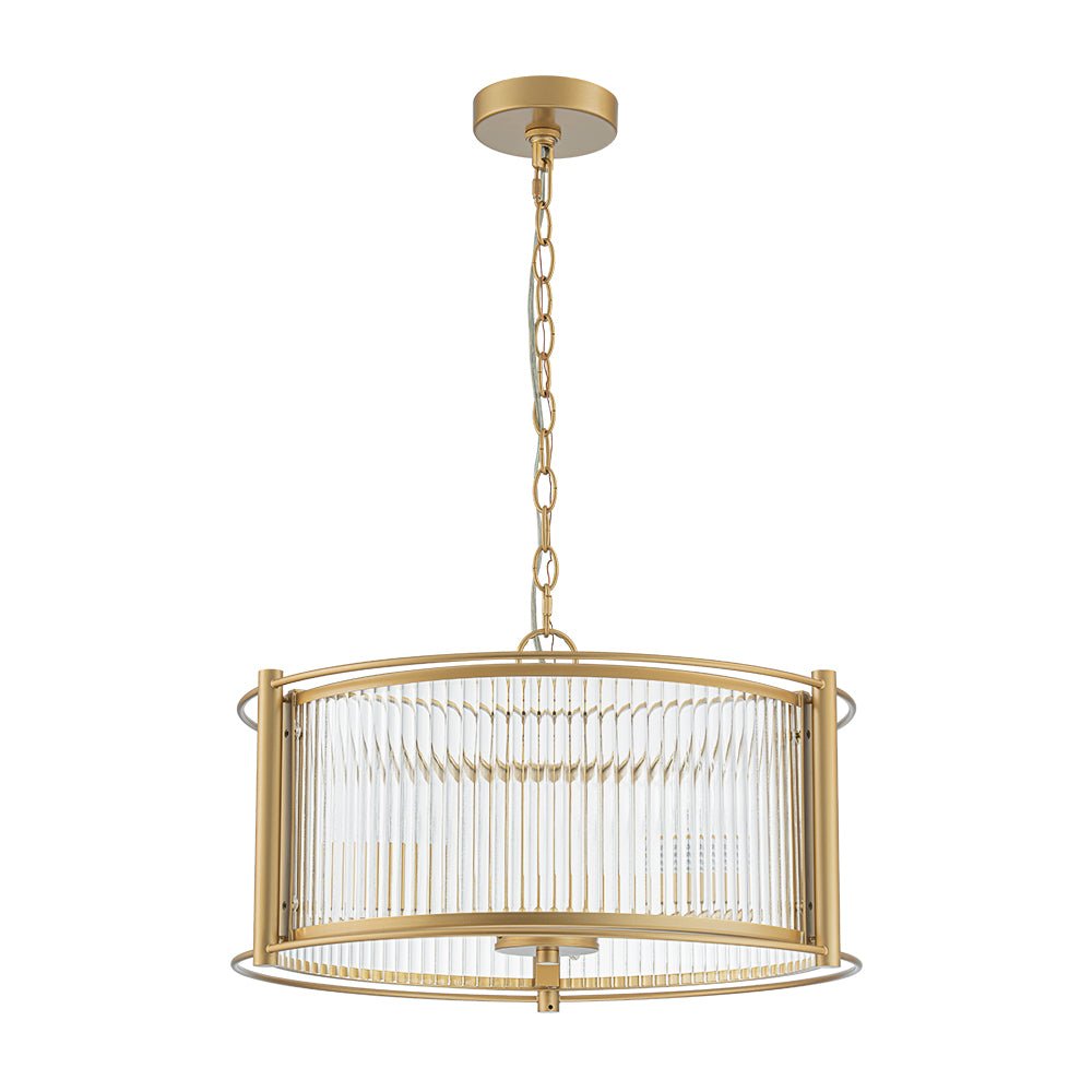 Brass 3-Light Ribbed Glass Drum Lantern Pendant Light