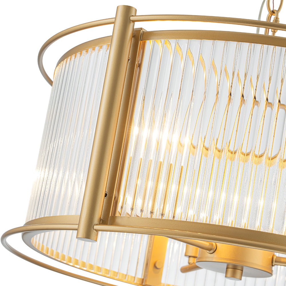Brass 3-Light Ribbed Glass Drum Lantern Pendant Light