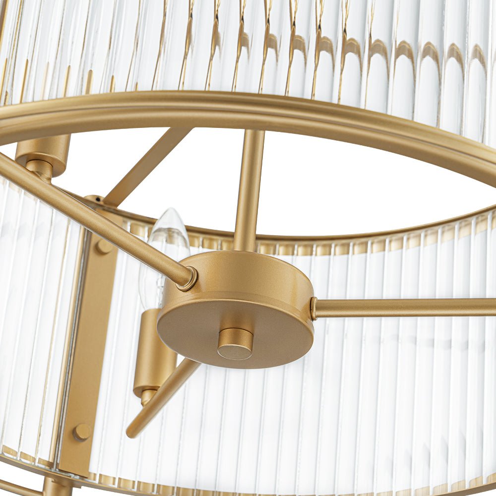 Brass 3-Light Ribbed Glass Drum Lantern Pendant Light