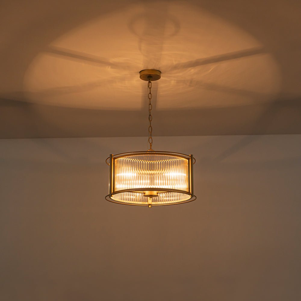 Brass 3-Light Ribbed Glass Drum Lantern Pendant Light