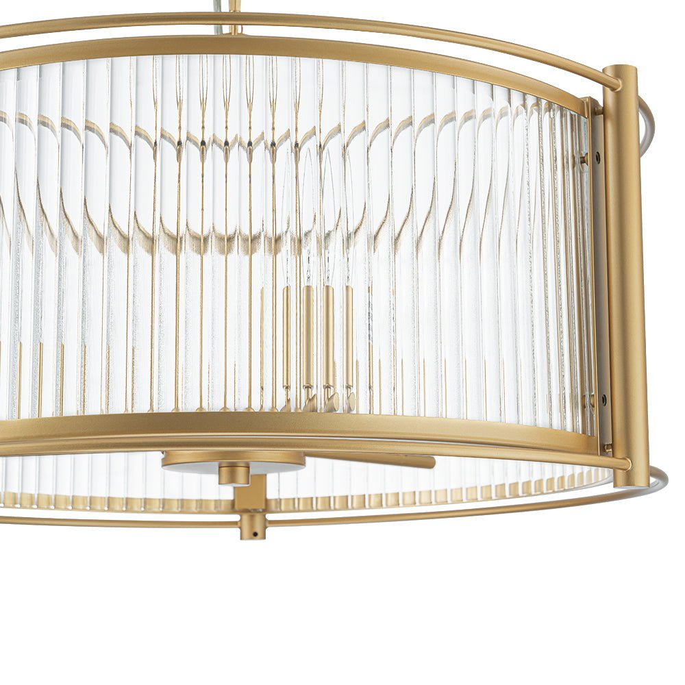Brass 3-Light Ribbed Glass Drum Lantern Pendant Light