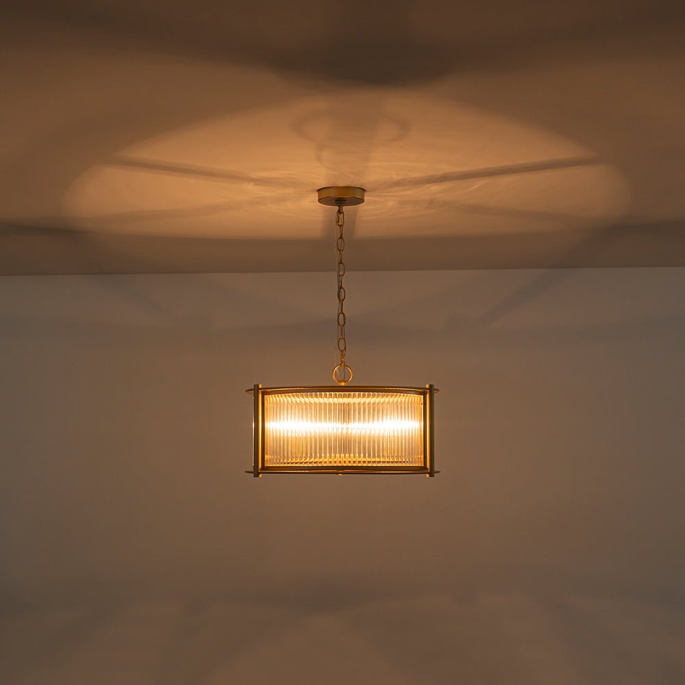 Brass 3-Light Ribbed Glass Drum Lantern Pendant Light