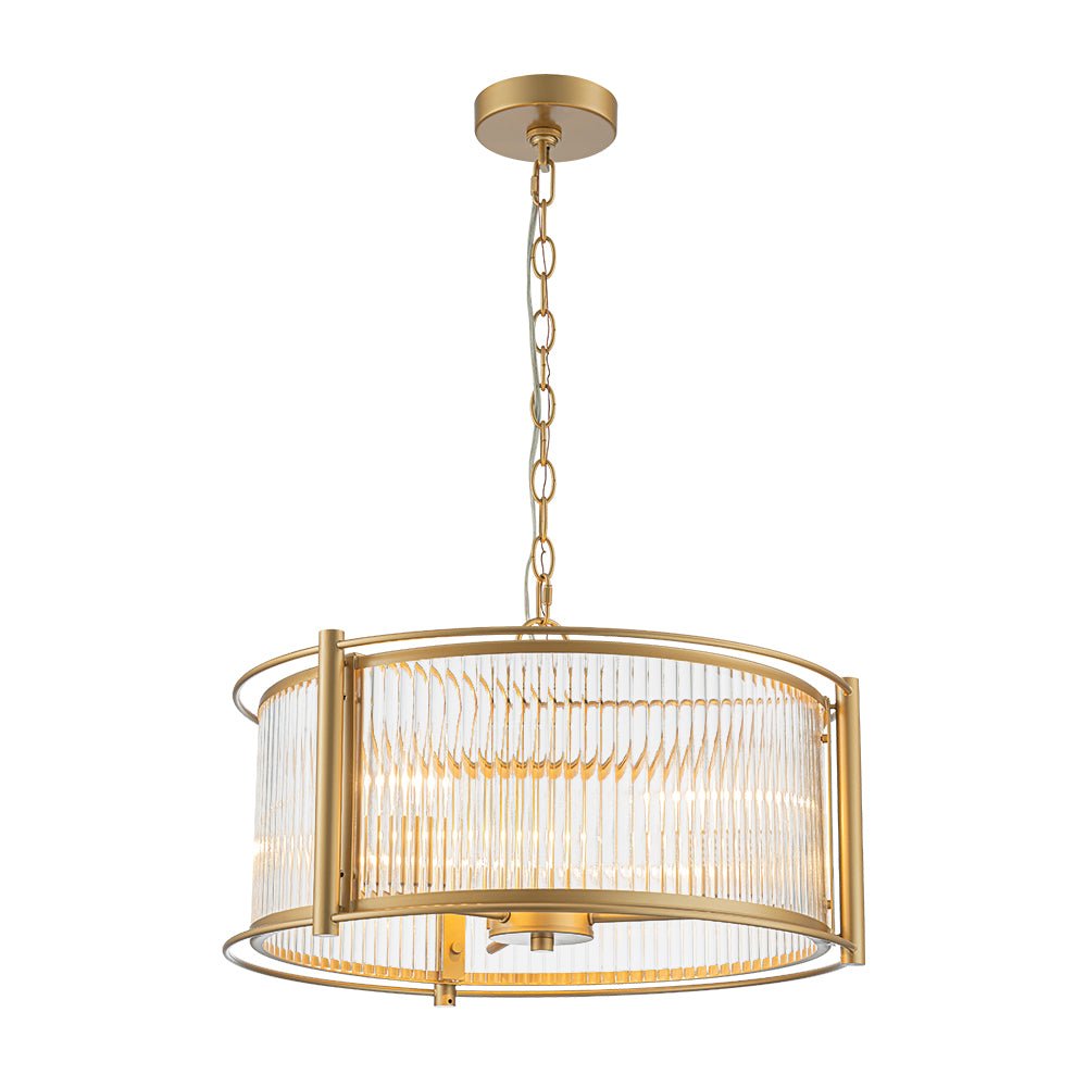 Brass 3-Light Ribbed Glass Drum Lantern Pendant Light