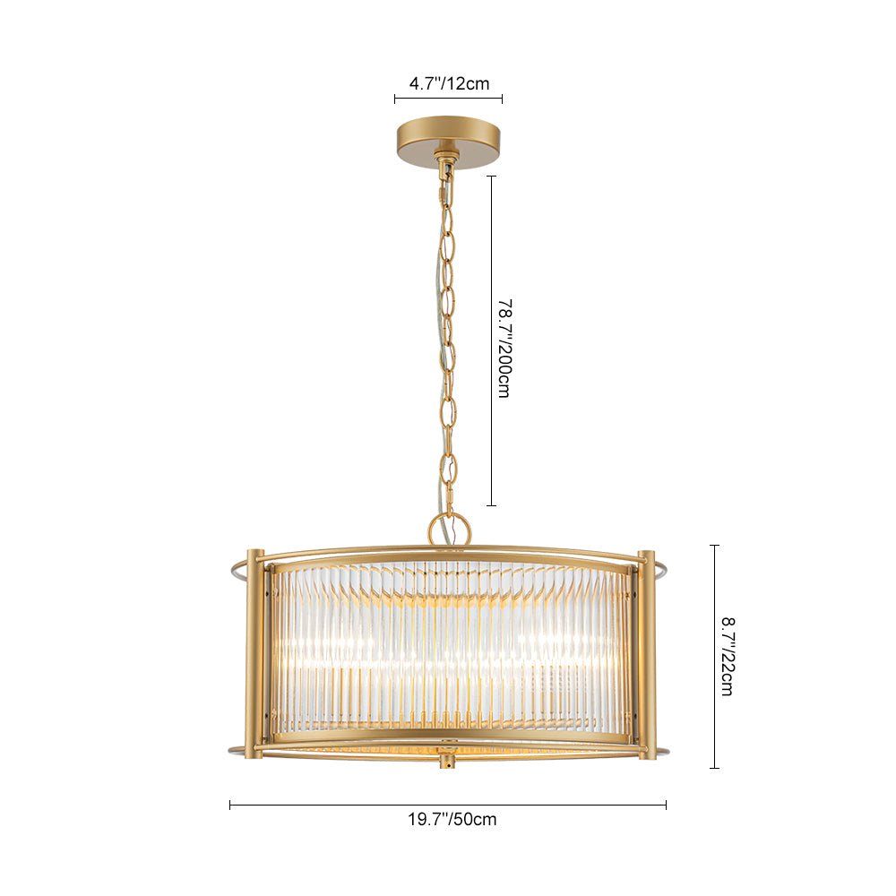 Brass 3-Light Ribbed Glass Drum Lantern Pendant Light