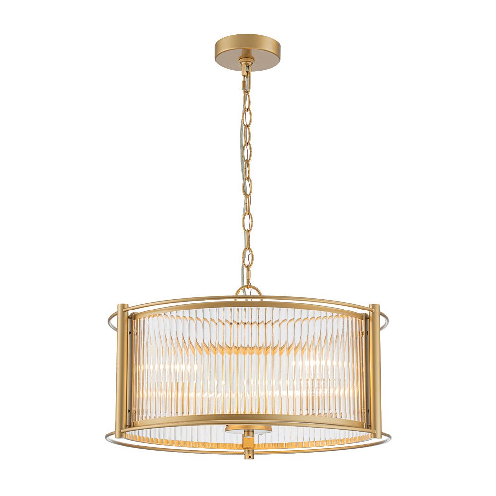 Brass 3-Light Ribbed Glass Drum Lantern Pendant Light