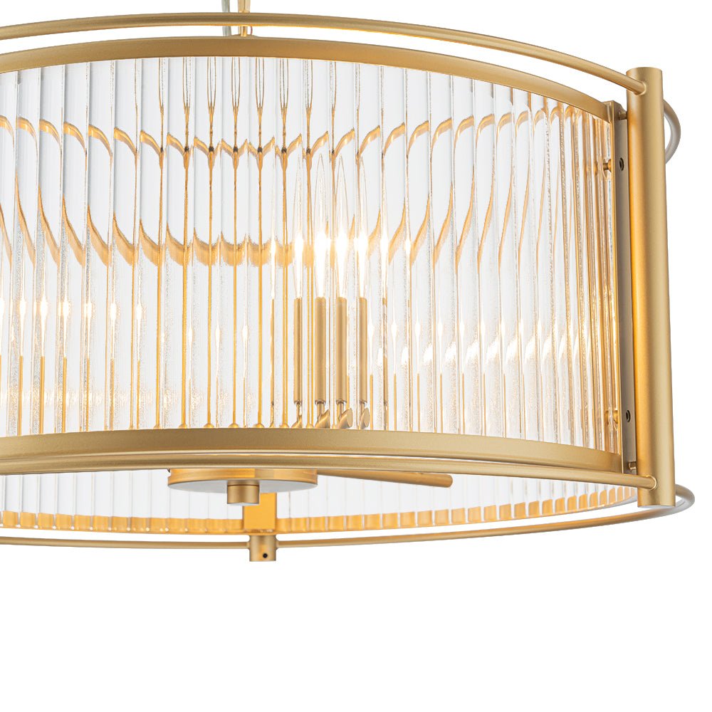Brass 3-Light Ribbed Glass Drum Lantern Pendant Light