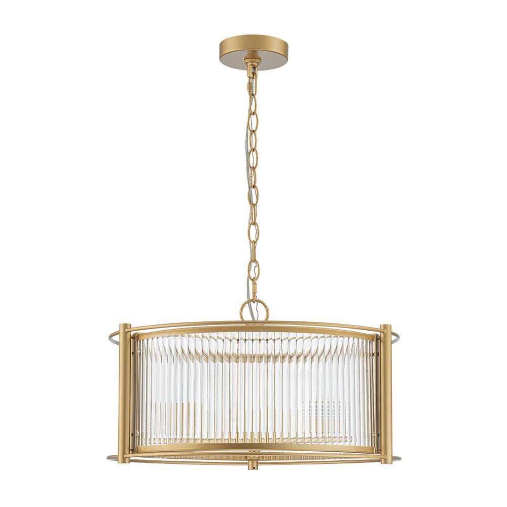 Brass 3-Light Ribbed Glass Drum Lantern Pendant Light