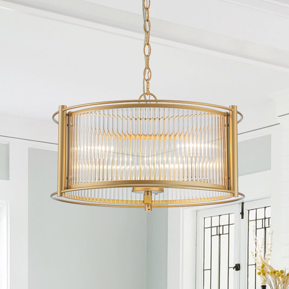 Brass 3-Light Ribbed Glass Drum Lantern Pendant Light