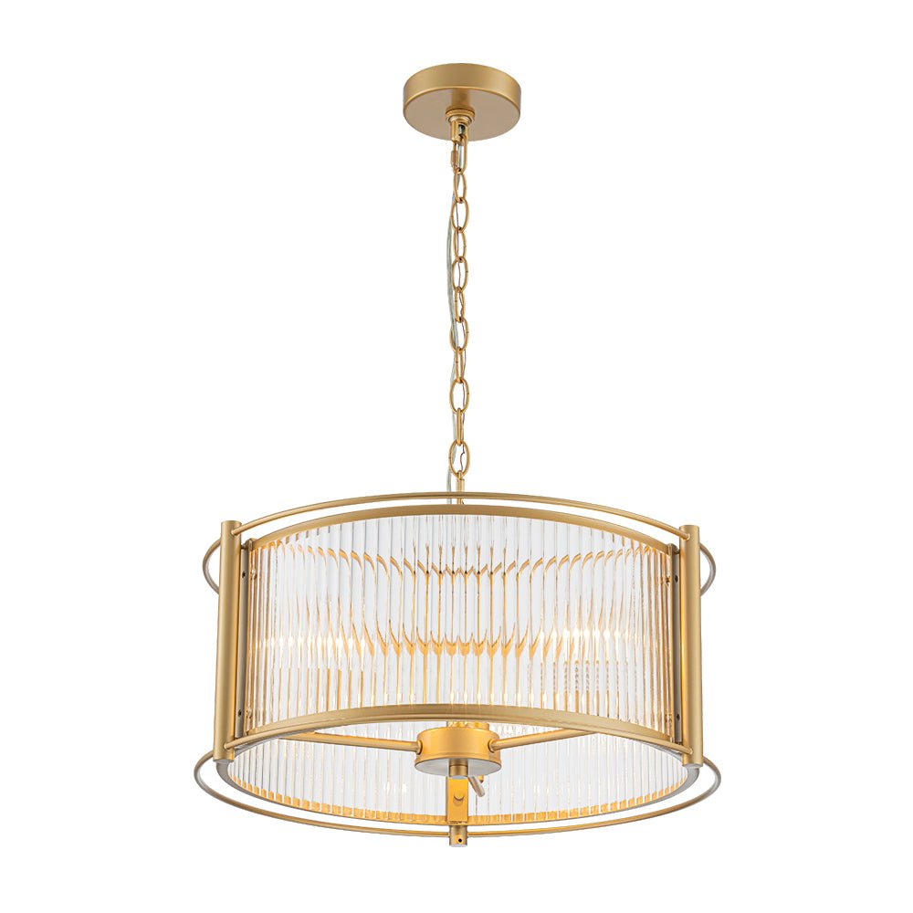 Brass 3-Light Ribbed Glass Drum Lantern Pendant Light