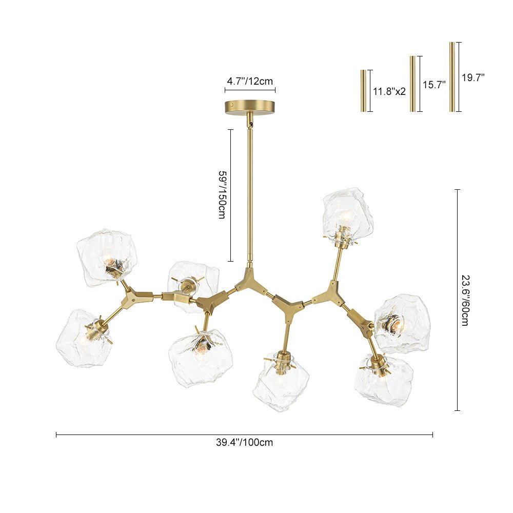 Brass 8-Light Organic Branch Frozen Glass Ice Style Chandelier